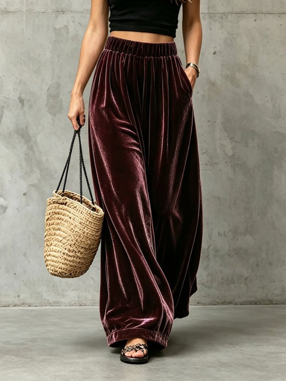 Coffee Brown Casual Women's Velvet Wide-Leg Pants